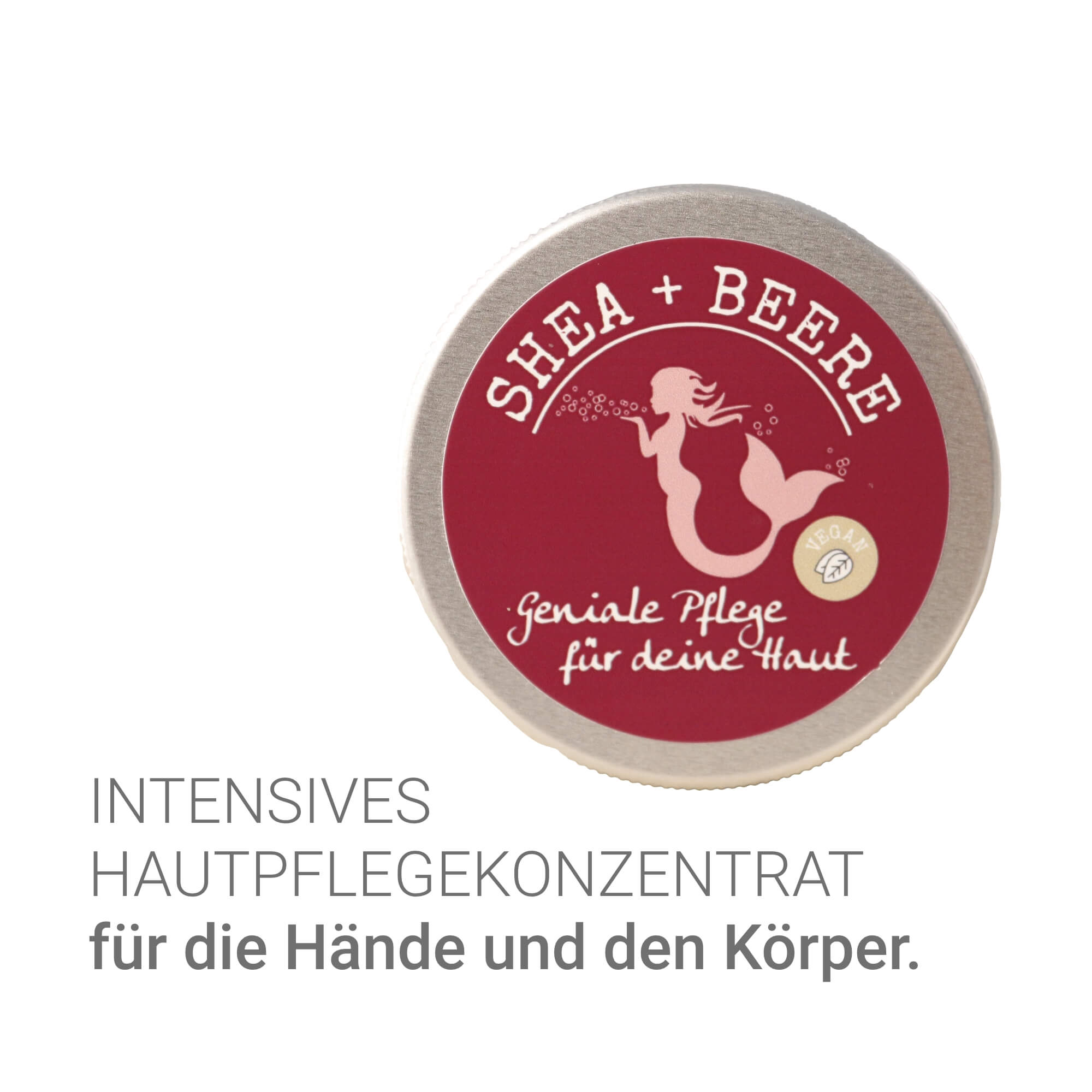 Geöffnete Dose Shea+Beere mit heller Pflegecreme in der Hand