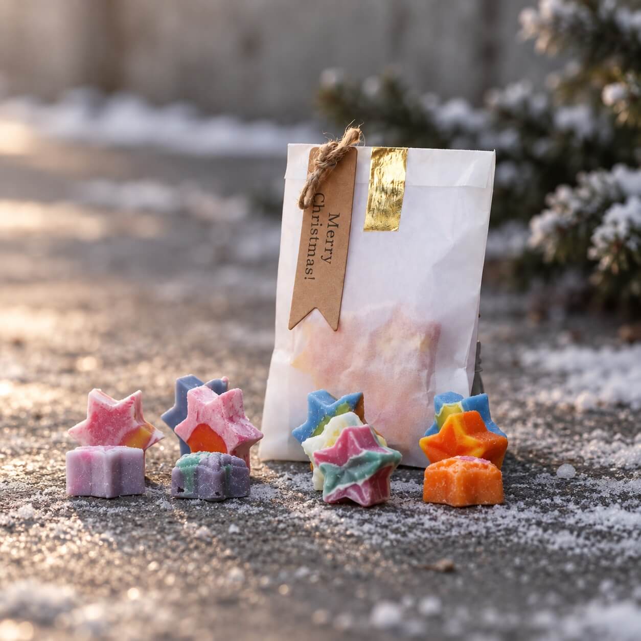 Kleine sternförmige Gästeseifen als individuelle Mischung in einer Geschenktüte
